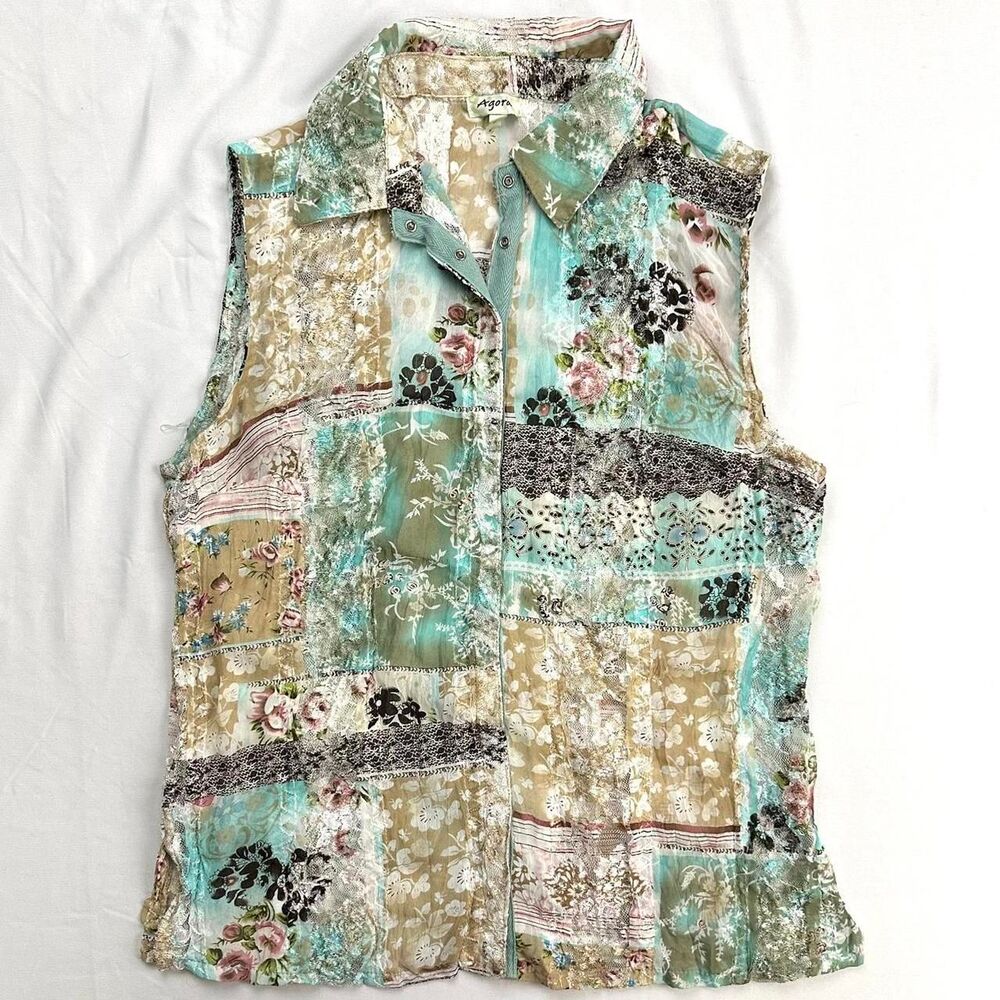 2000s Agora Shabby Chic Teal Cream Pink Patchwork Lace Floral Collared Tank Sz S